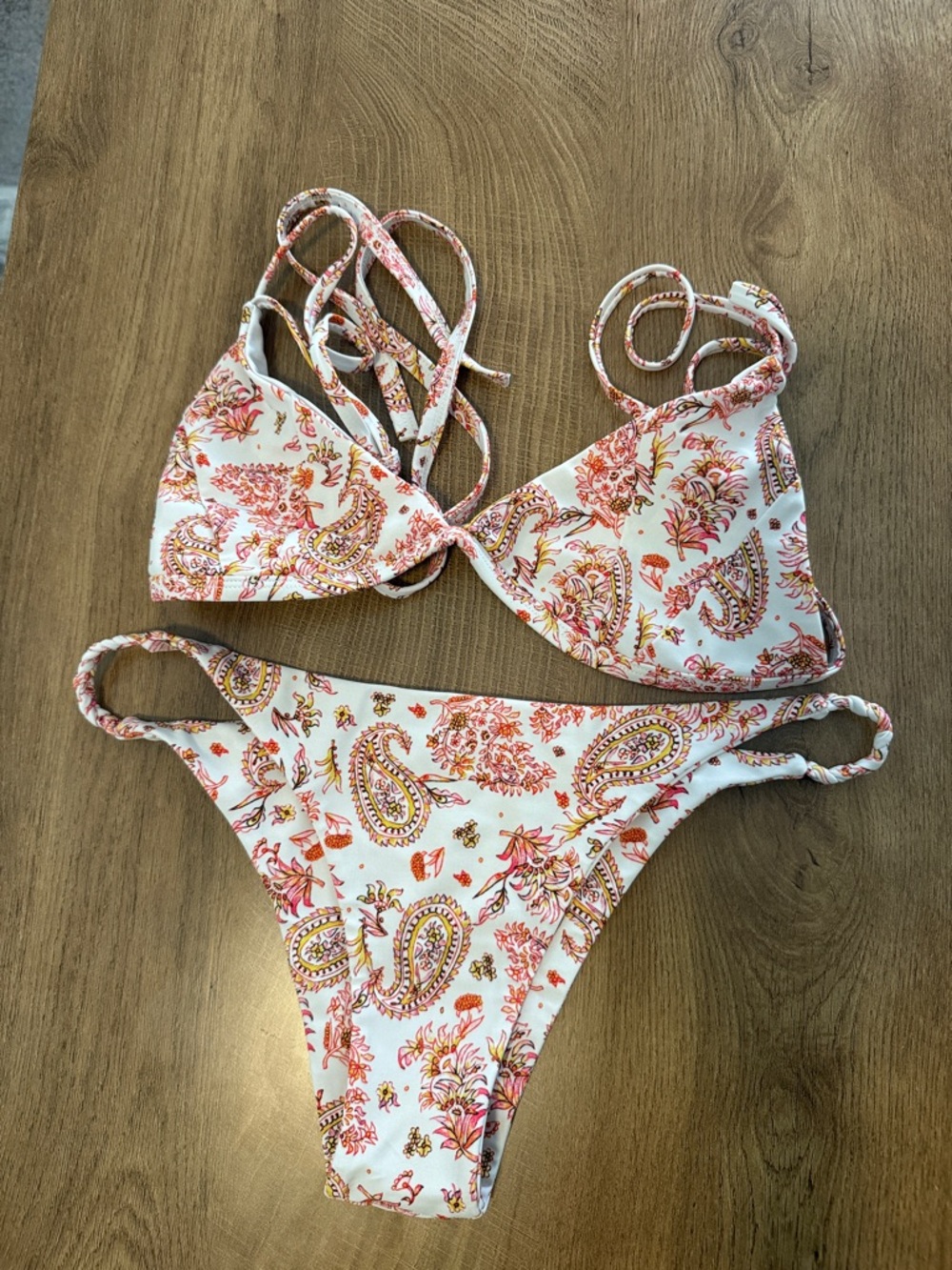 White Paisley Print Triangle Bikini Top and Bottom - Women's Swim
